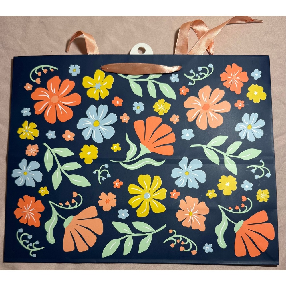 Spritz Navy Blue Floral Gift Bag Large 12.75x10x5 Satin Ribbon Handles 053010057